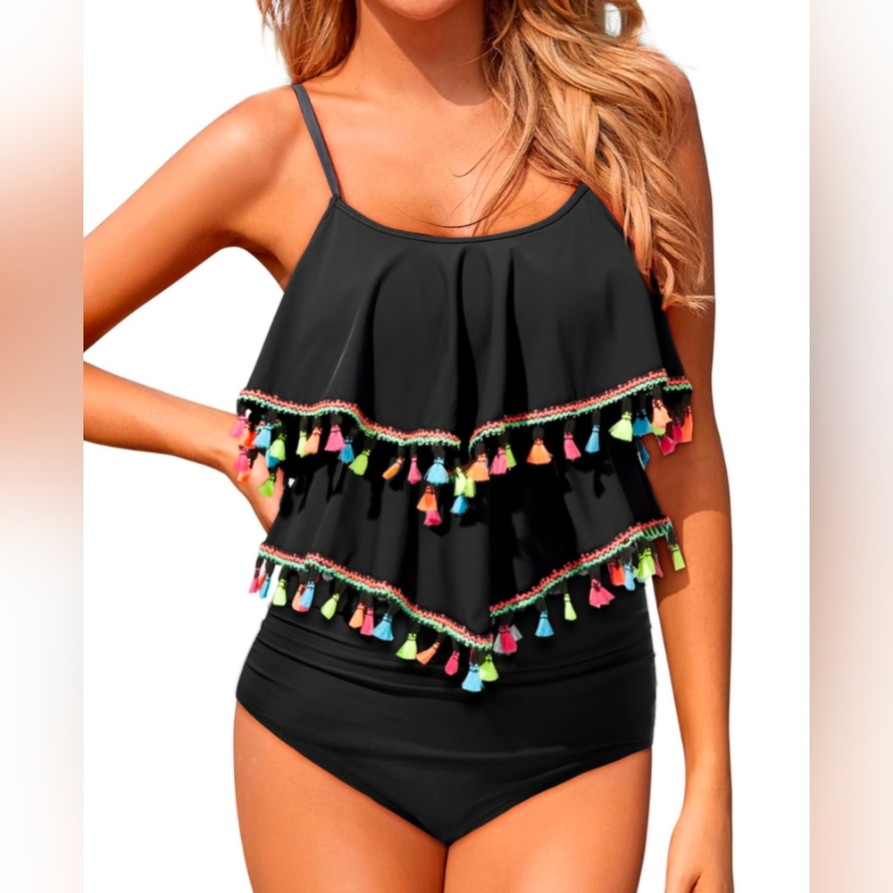 HOLIPICK Tankini Swimsuit Black with Neon Colorful Tassels Size Small NWT